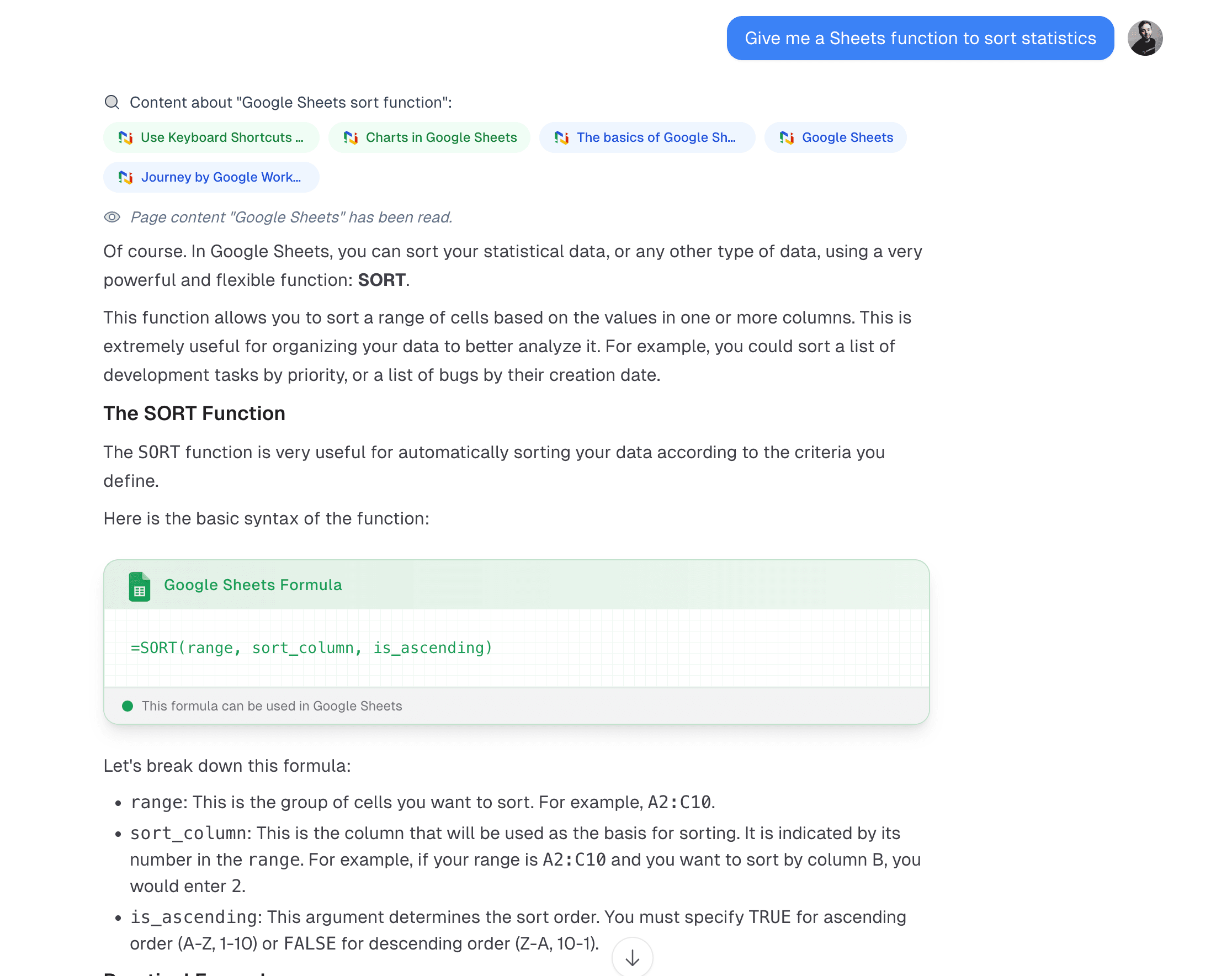 Une conversation avec l'assistant IA GSkills montrant comment utiliser les formules Google Sheets. L'exemple reprends du contenu de GSkills et adapte la réponse par rapport au métier de l'utilisateur (développeur dans ce cas)