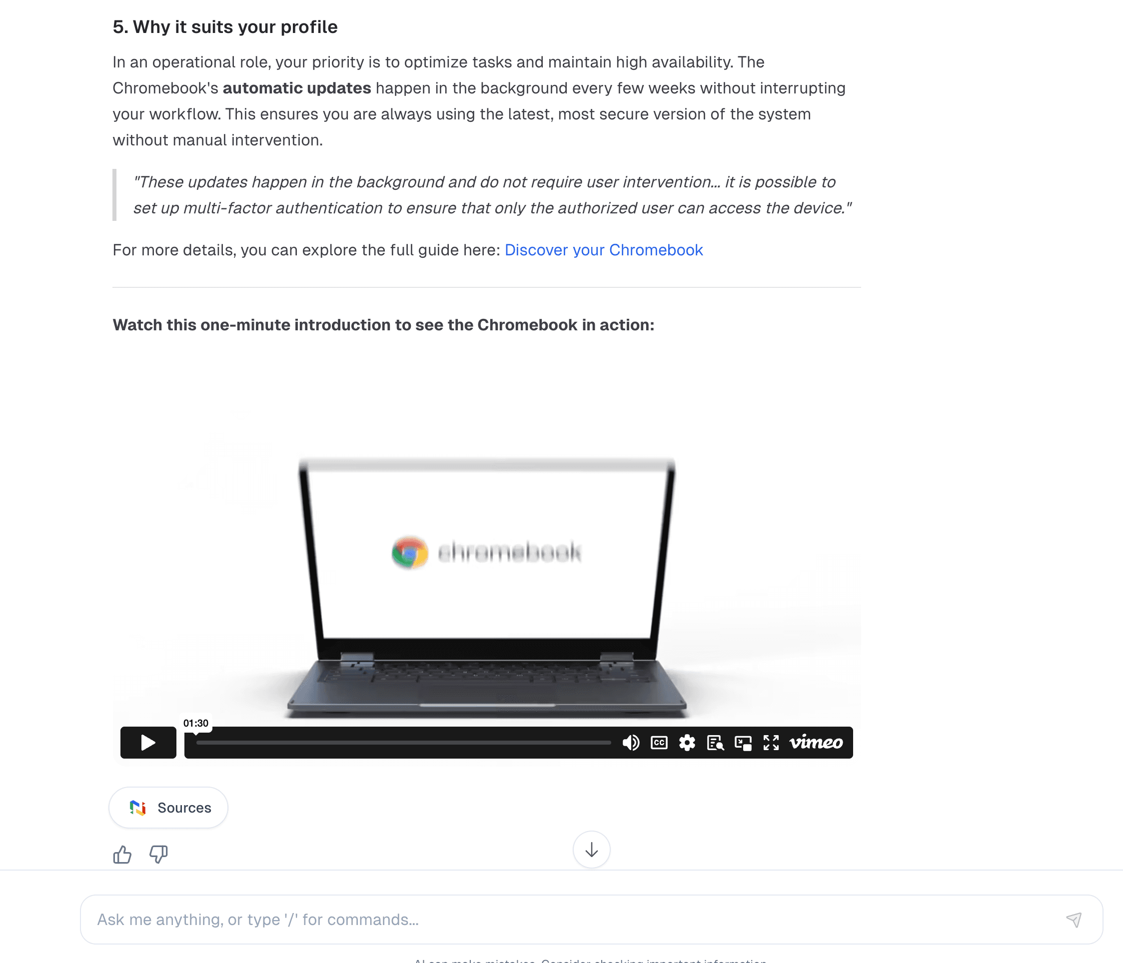 Réponse de l’assistant IA combinant tutoriels GSkills, capsules vidéo et document interne