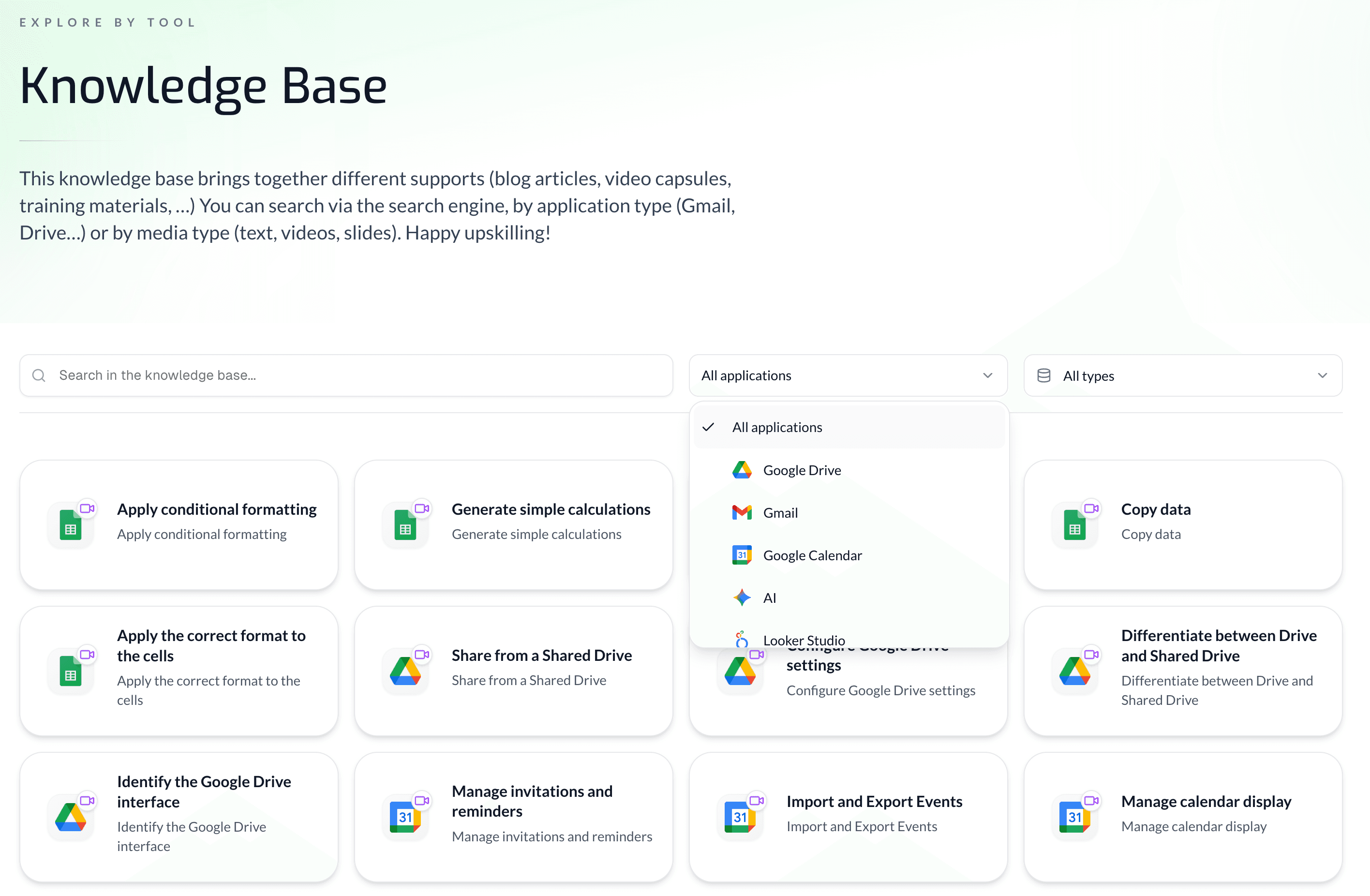 “Knowledge base” view in GSkills with search bar, categories and resource cards
