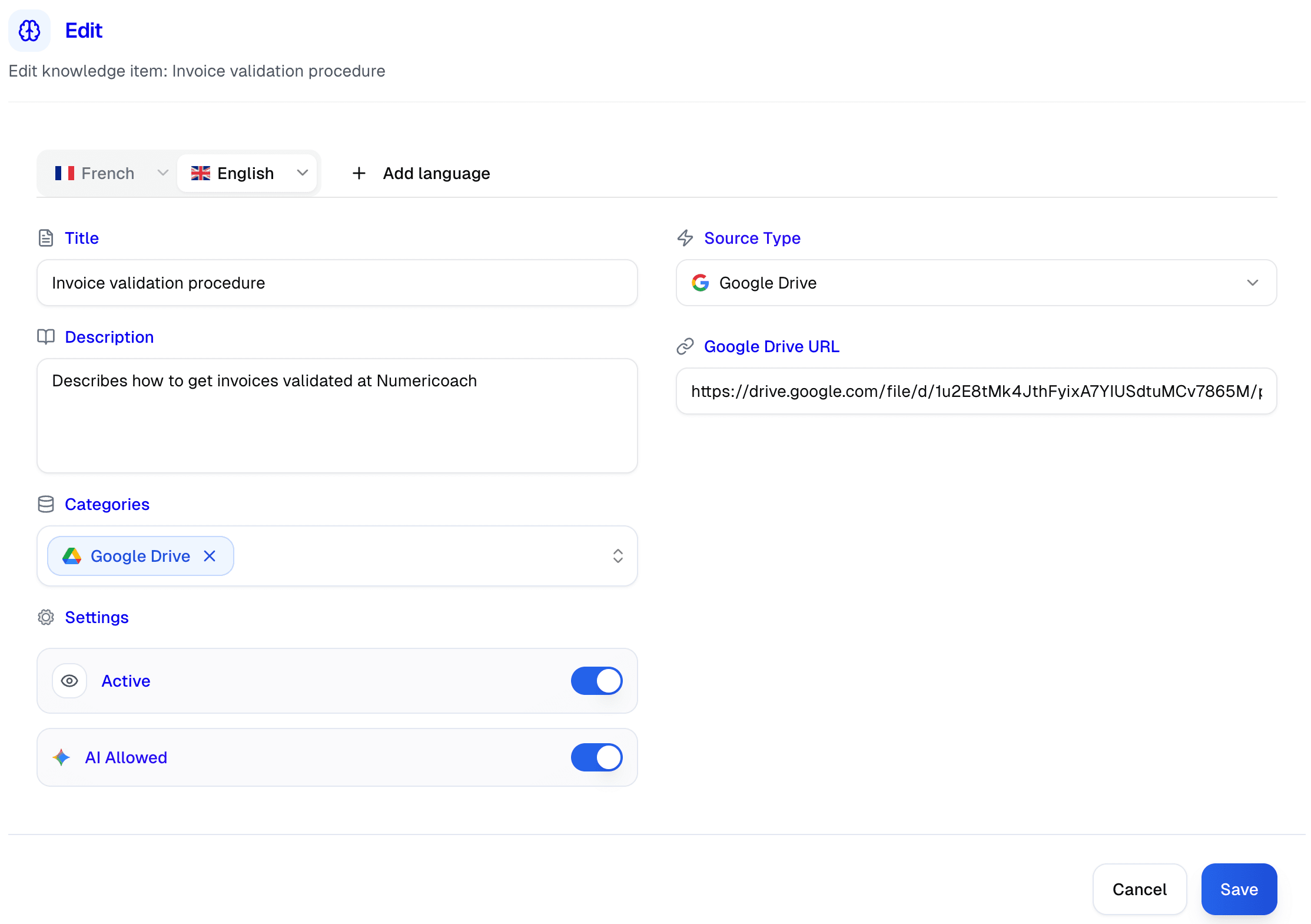 Resource pointing to an internal Google Doc “Invoice validation procedure” and a Numericoach video capsule