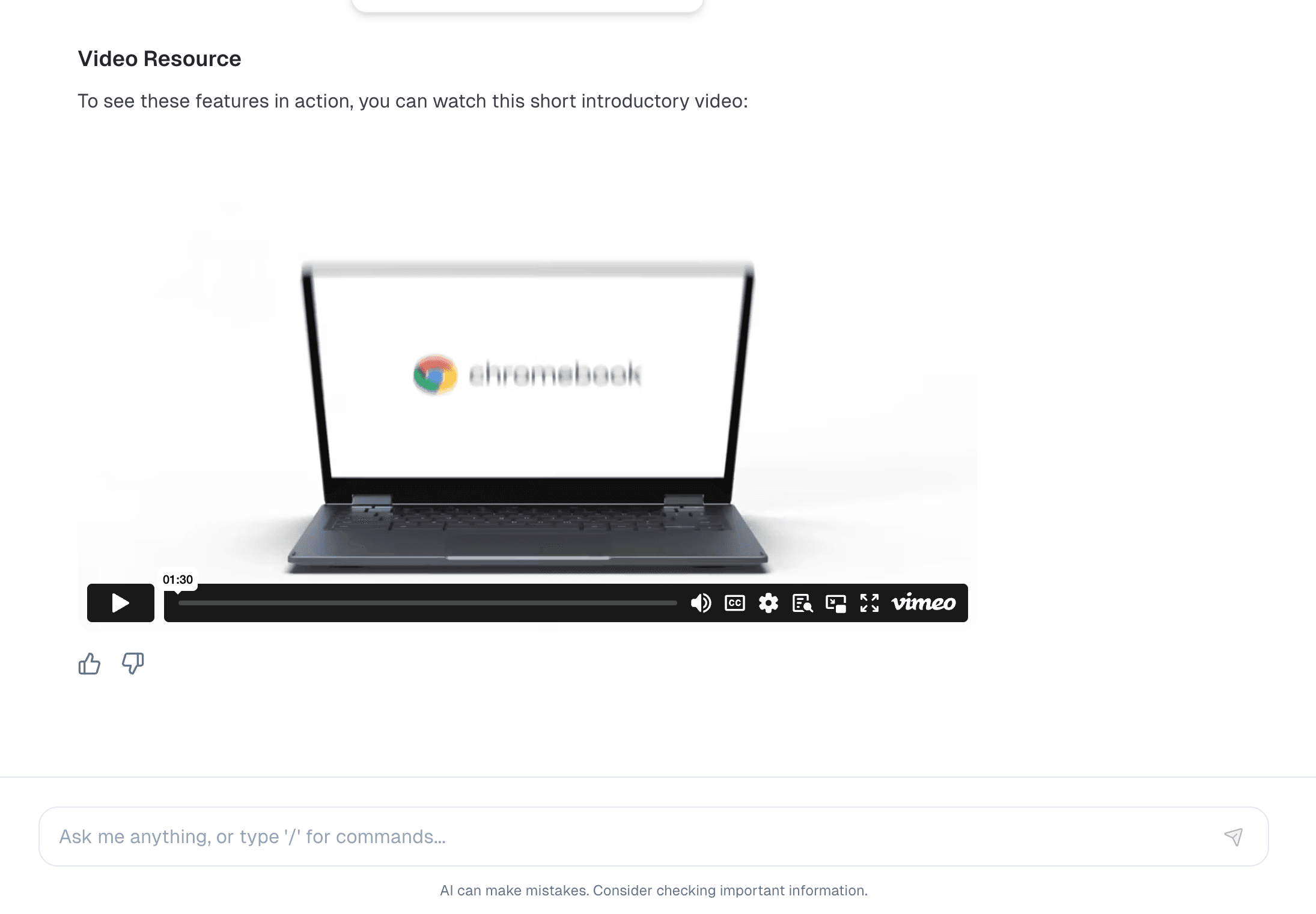 Conversation with the GSkills AI assistant offering a video capsule about using Chromebooks