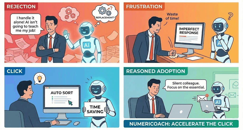 Bande dessinée qui illustre l'évolution psychologique d'un professionnel, passant du rejet de l'IA par peur du remplacement à son adoption raisonnée comme outil de productivité.