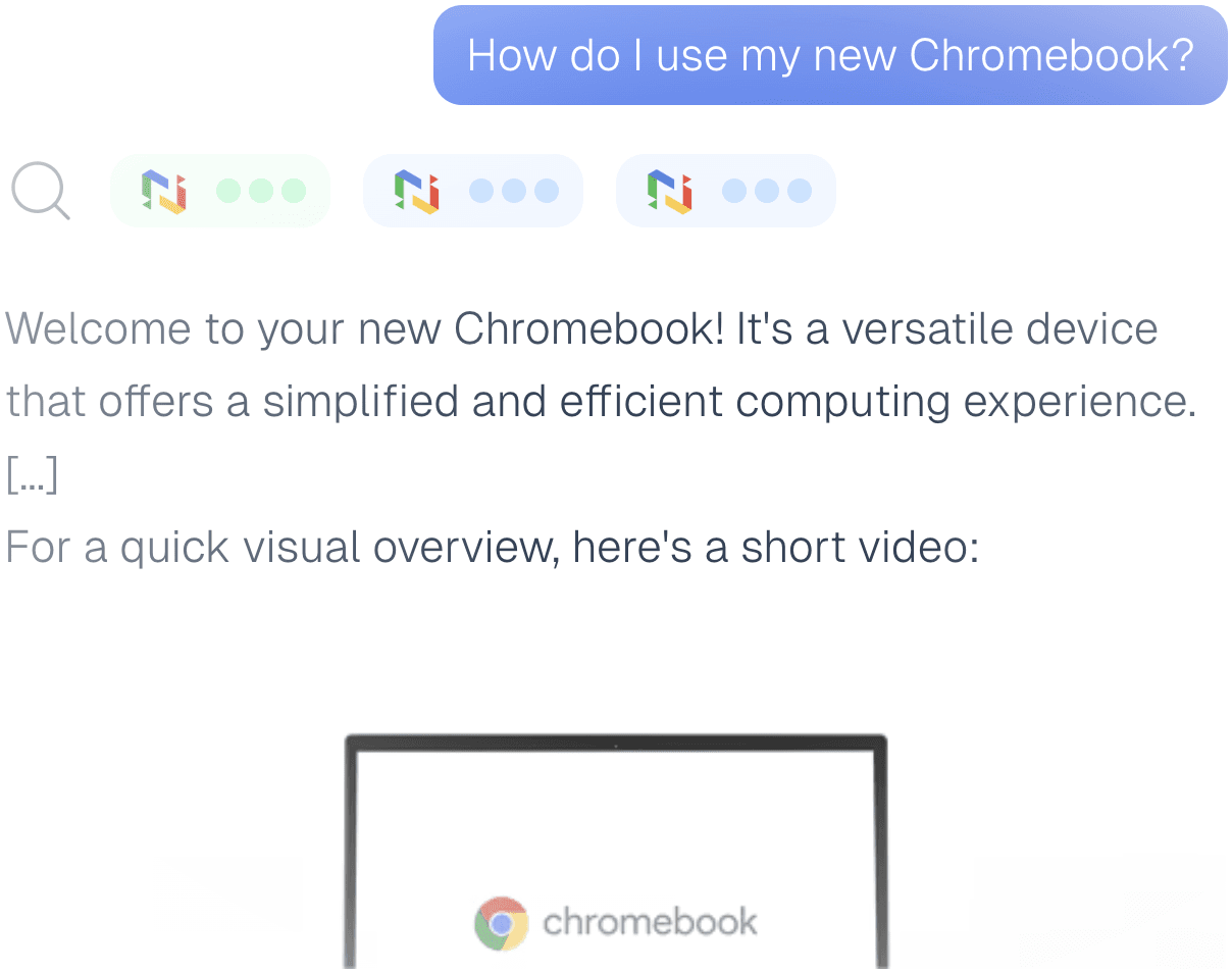 Une conversation avec notre assistant IA où l’utilisateur demande comment utiliser son nouveau Chromebook, et où l’IA lui fournit un résumé ainsi qu’une vidéo réalisée par Numericoach sur les bases de ChromeOS.